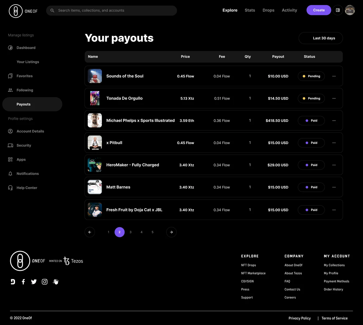 Payouts, fees and status